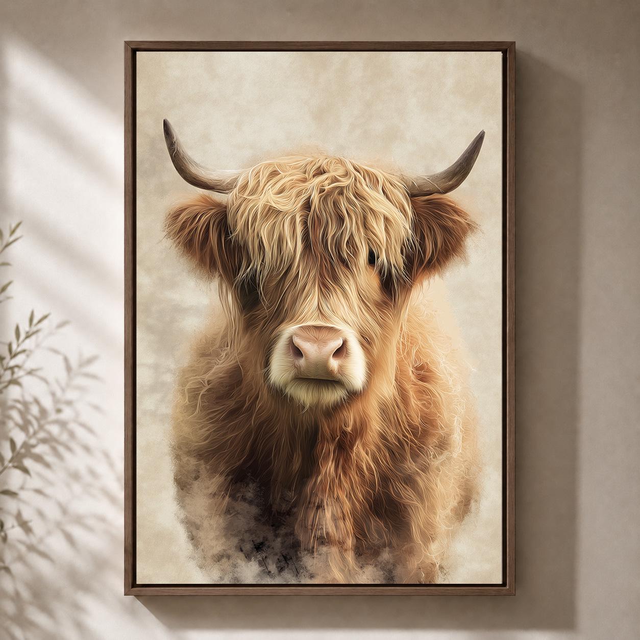 Highland Cow Neutral Farmhouse Scottish Highland Cattle Framed Canvas by The Wall Art Studio - physical
