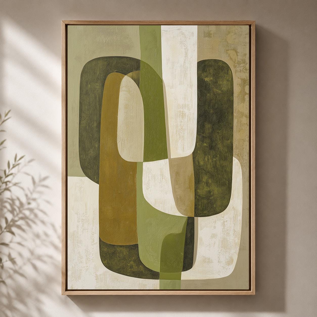 Mid Century Modern Geometric Abstract Green Framed Canvas by The Wall Art Studio - physical