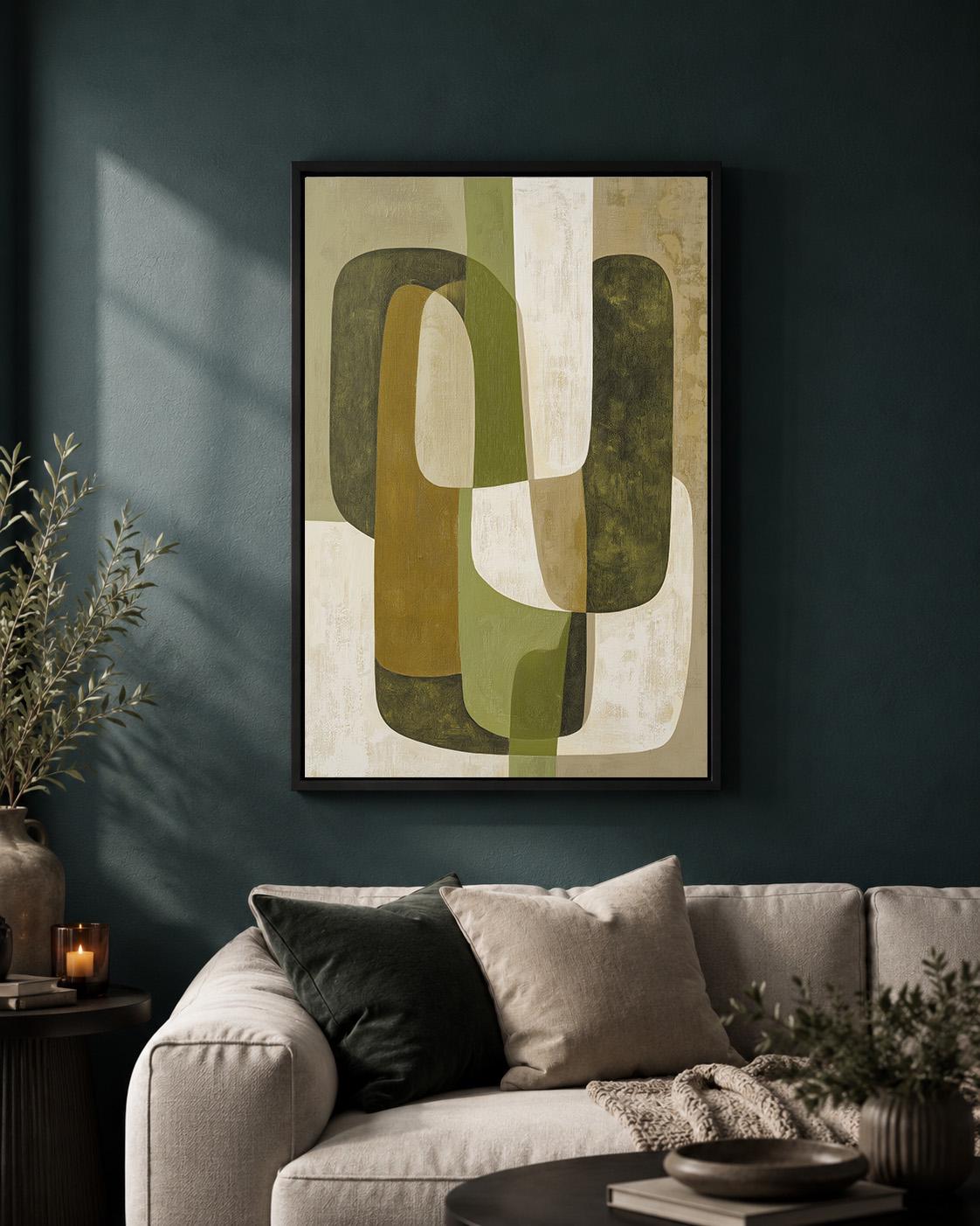 Mid Century Modern Geometric Abstract Green Framed Canvas by The Wall Art Studio - physical