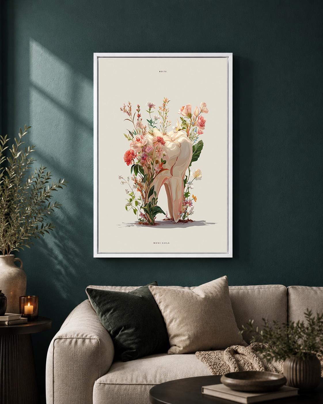 Floral Tooth Dental Clinic Botanical Dentistry Hygienist Office Wall Framed Canvas