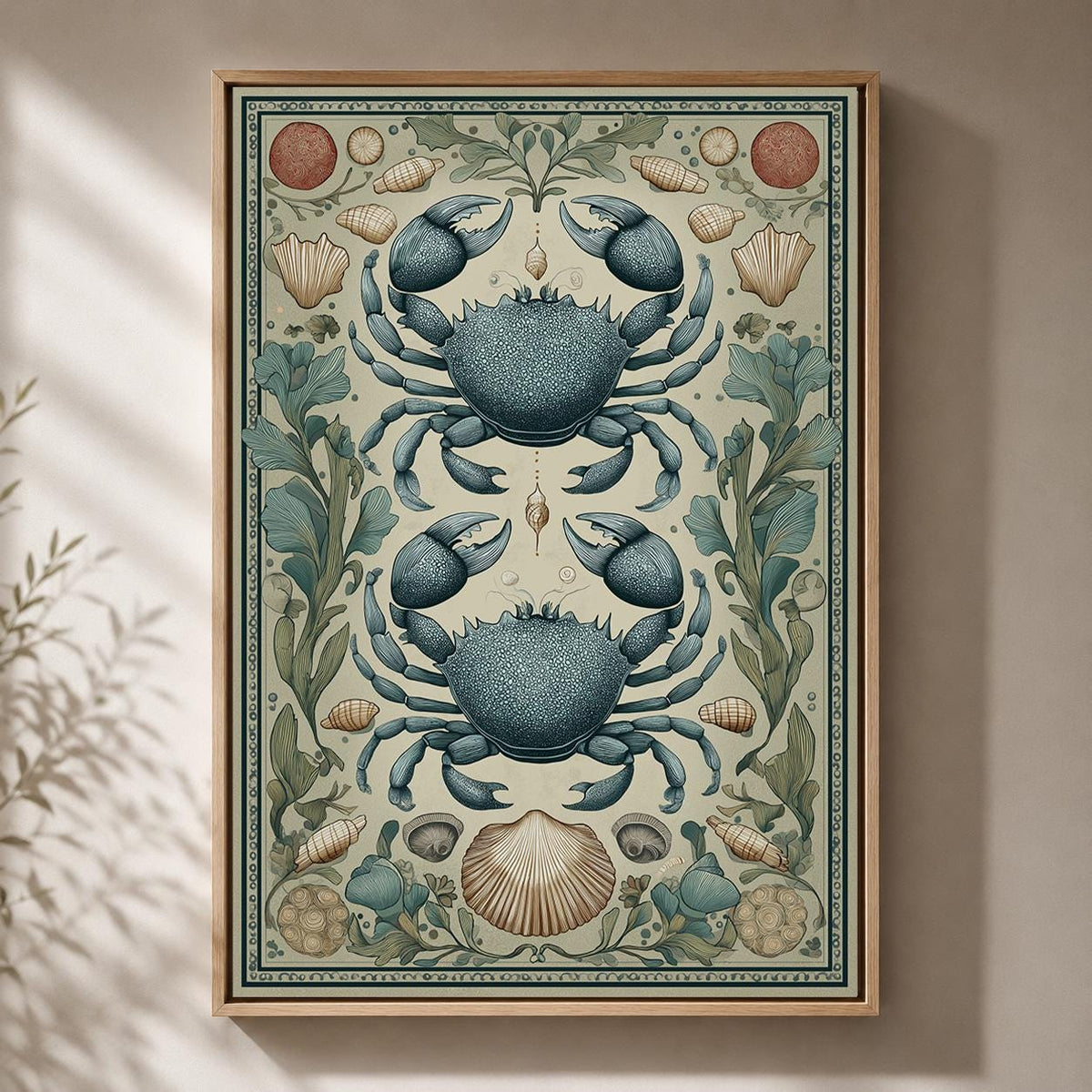 Vintage Crab Coastal Nautical Seashell Ocean Framed Canvas