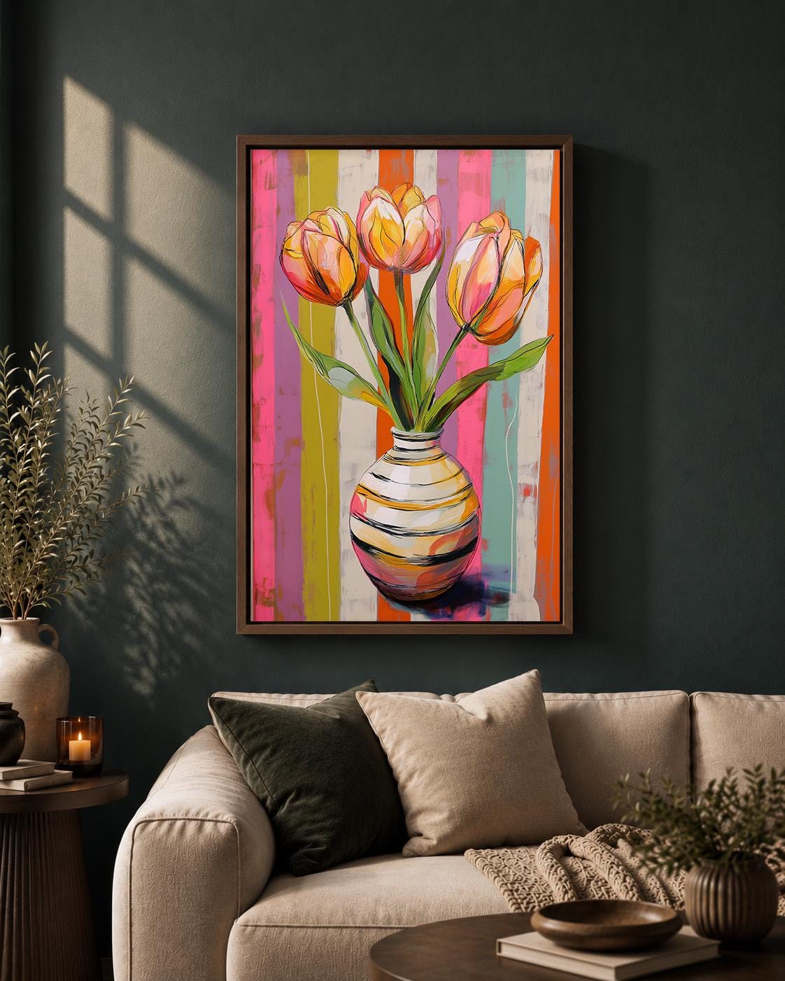 Colourful Tulip Pink & Orange Floral Striped Vase Maximalist Framed Canvas