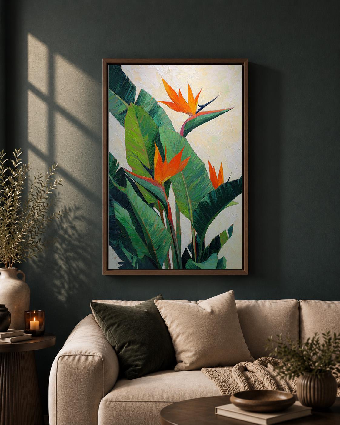 Bird of Paradise Tropical Botanical Orange Flower Framed Canvas