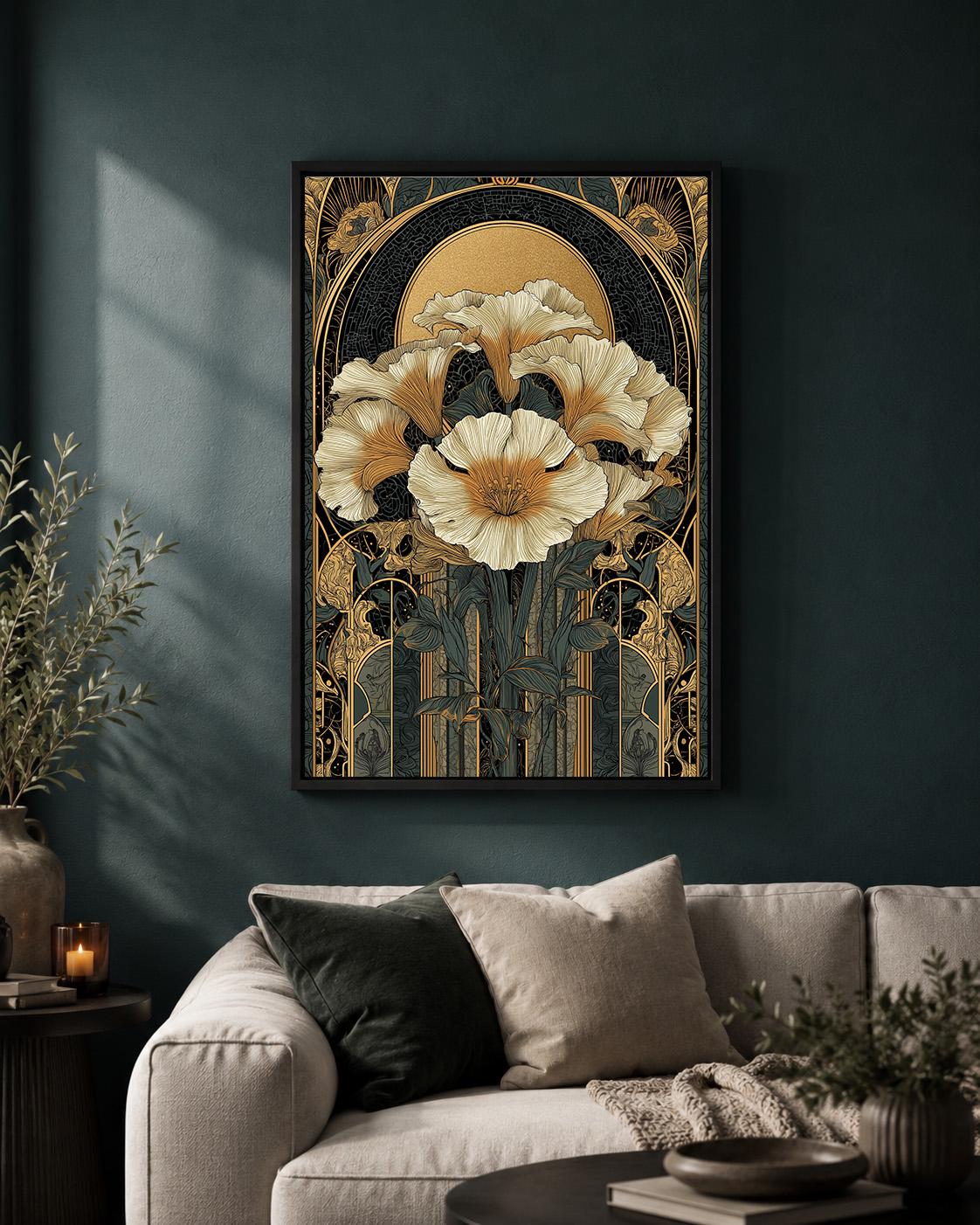 Art Nouveau Floral Black & Gold Botanical Maximalist Framed Canvas