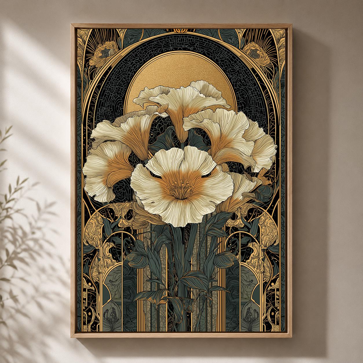 Art Nouveau Floral Black & Gold Botanical Maximalist Framed Canvas