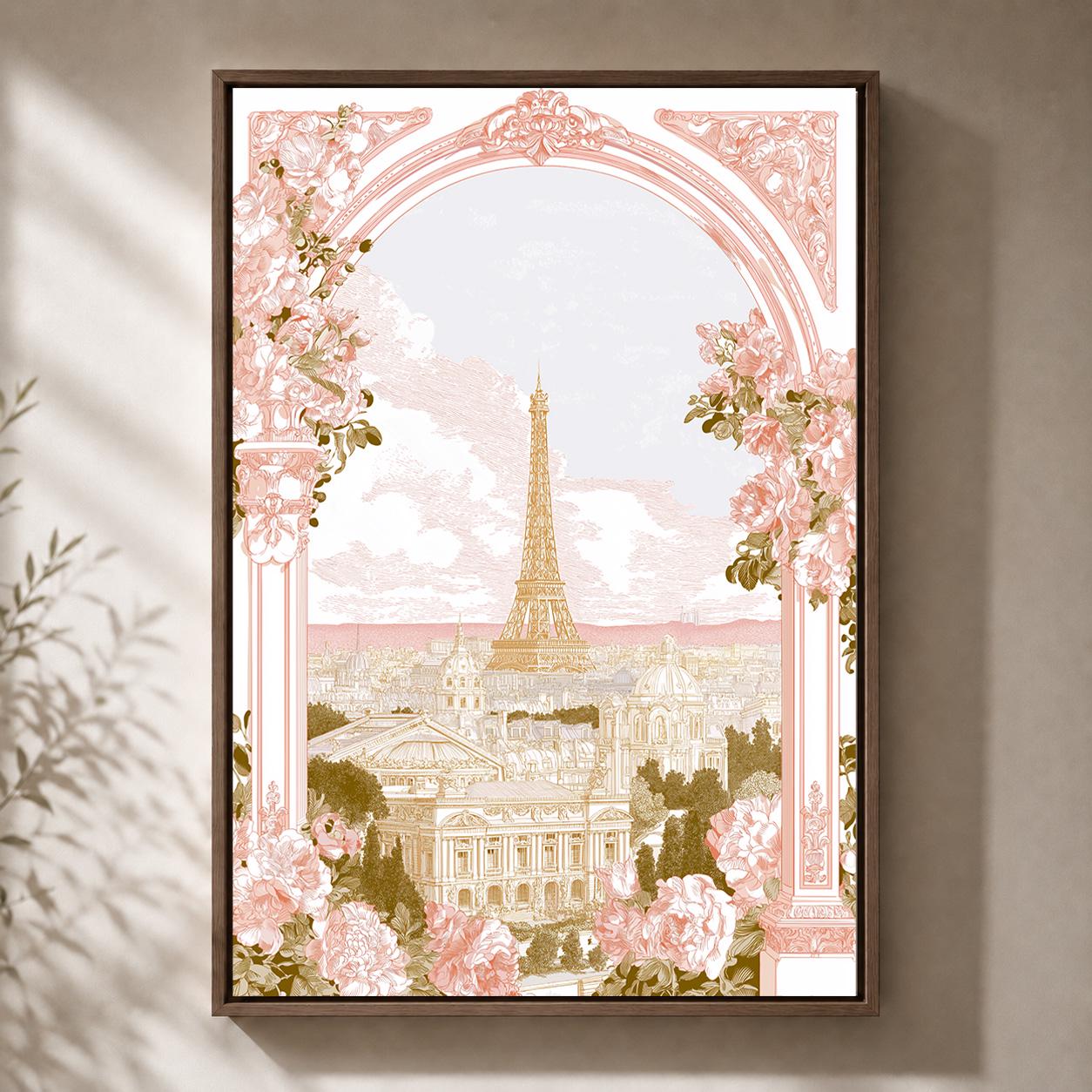 Paris Eiffel Tower Floral Romantic French Elegant Travel Framed Canvas