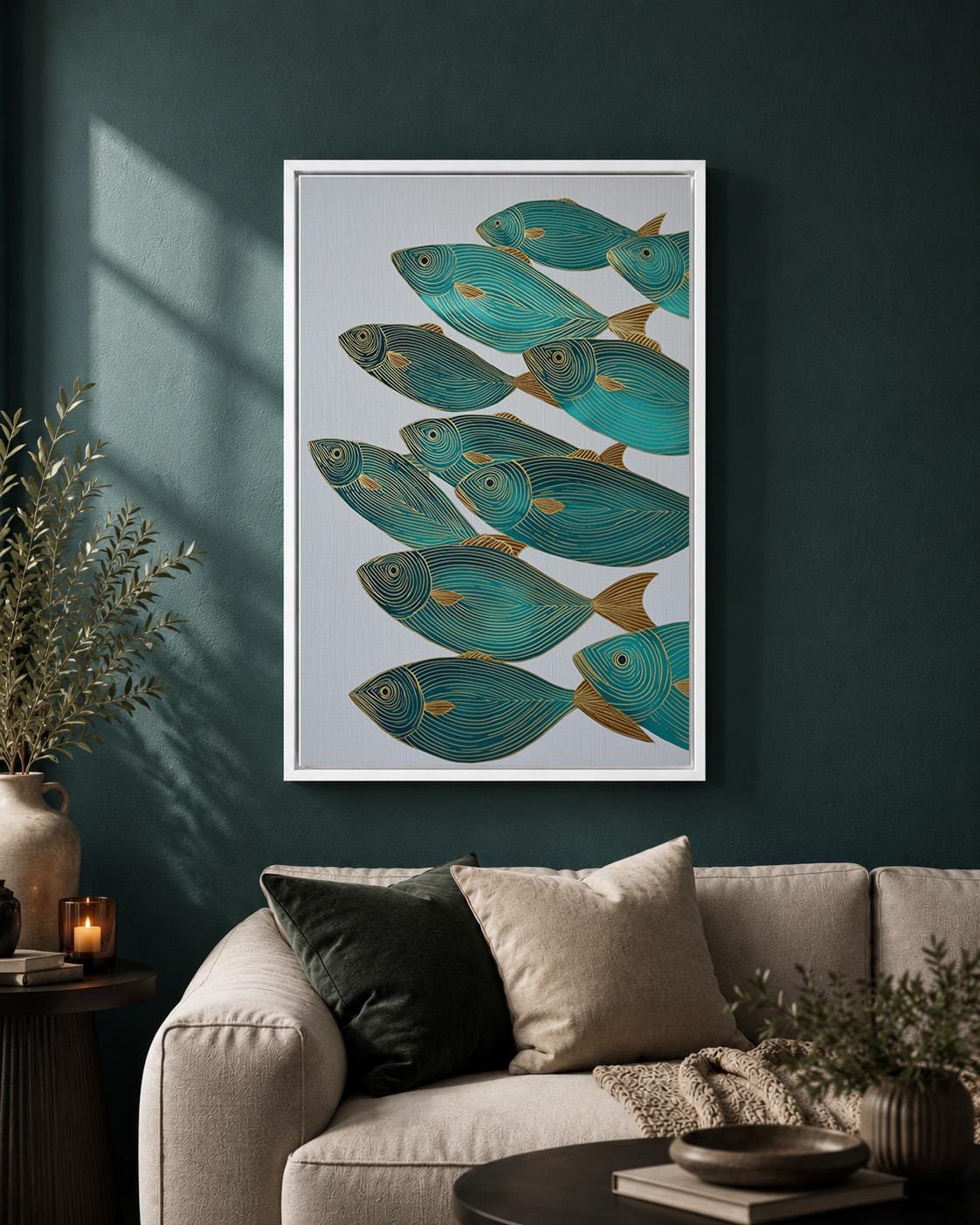 Teal &Gold Fish Coastal Nautical Modern Ocean Framed Canvas