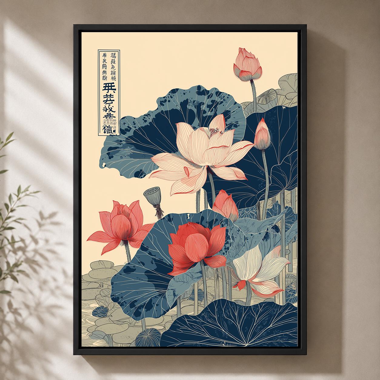 Japanese Lotus Floral Red & Blue Oriental Botanical Framed Canvas