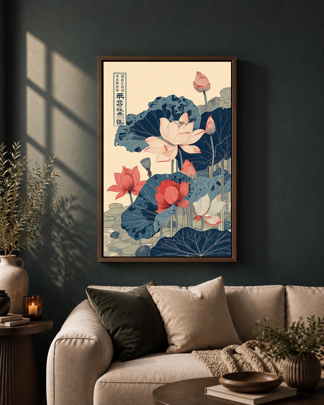 Japanese Lotus Floral Red & Blue Oriental Botanical Framed Canvas