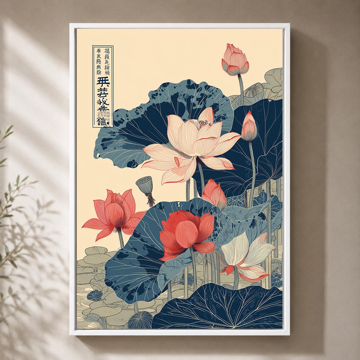 Japanese Lotus Floral Red & Blue Oriental Botanical Framed Canvas