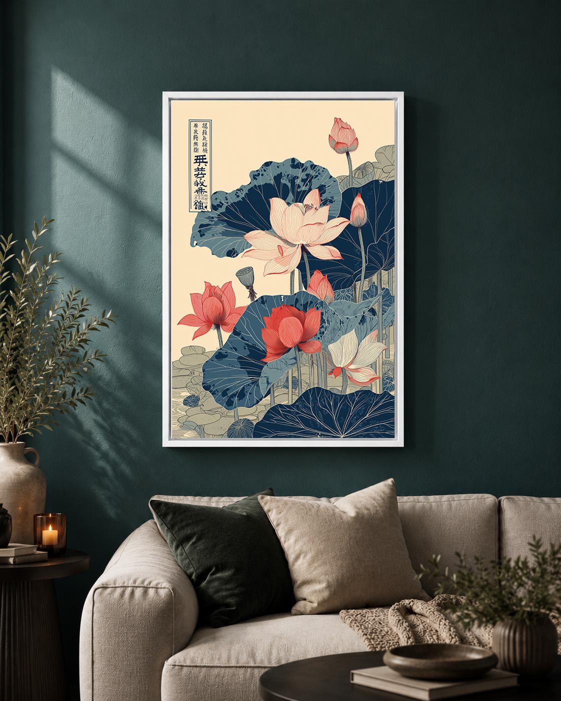 Japanese Lotus Floral Red & Blue Oriental Botanical Framed Canvas
