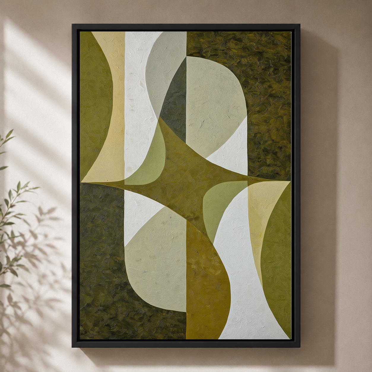 Mid-Century Modern Olive Green Abstract Geometric Framed Canvas