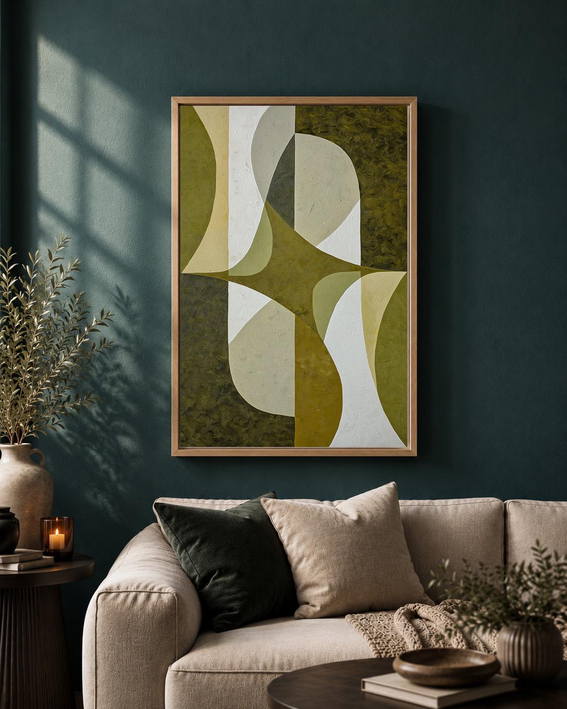 Mid-Century Modern Olive Green Abstract Geometric Framed Canvas