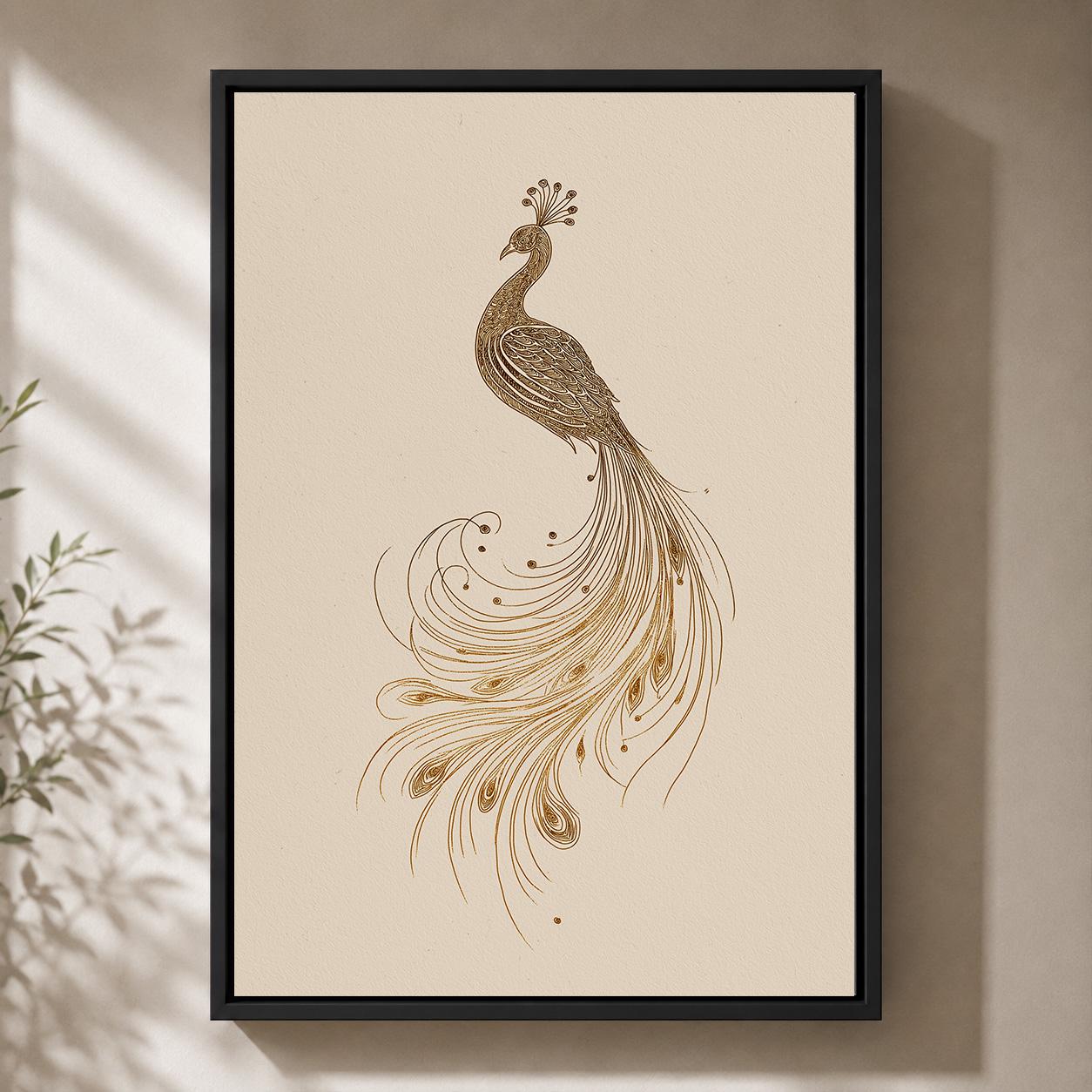 Gold Peacock Line Art Minimalist Bird Art Deco Framed Canvas