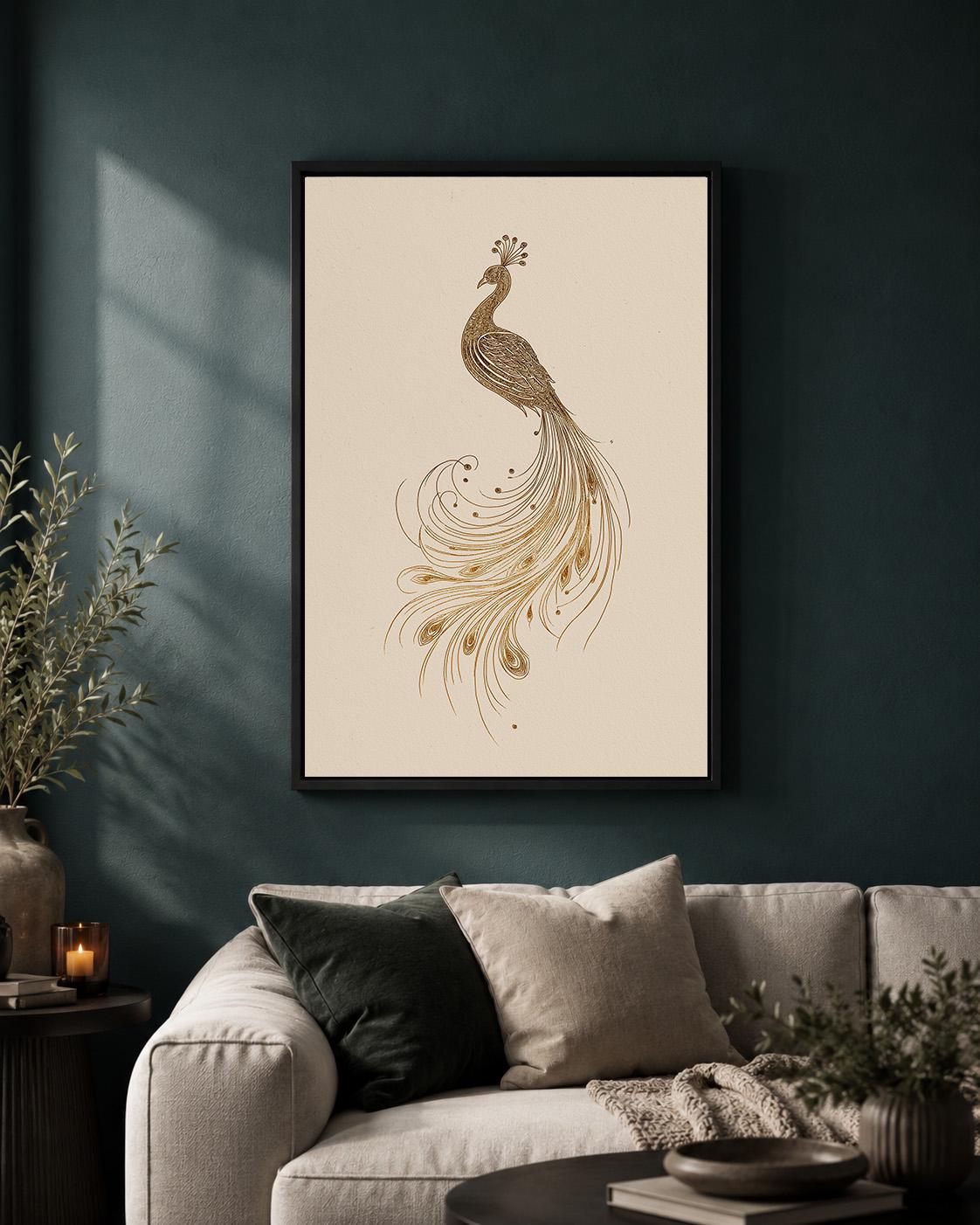 Gold Peacock Line Art Minimalist Bird Art Deco Framed Canvas