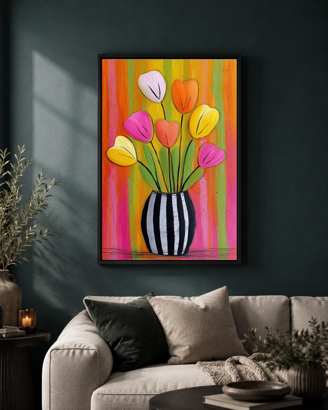 Colourful Tulip Pink & Orange Floral Striped Flower Vase Framed Canvas