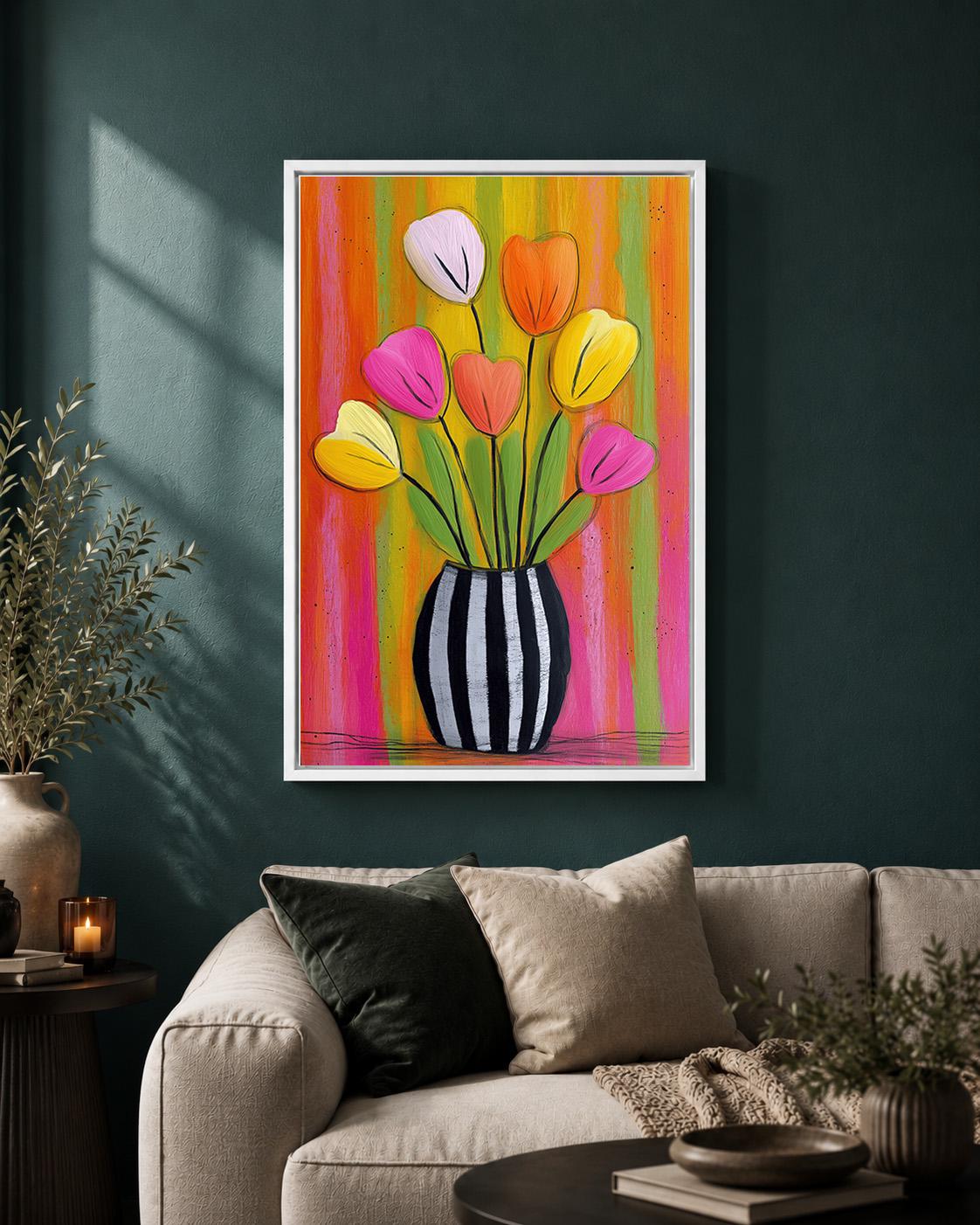 Colourful Tulip Pink & Orange Floral Striped Flower Vase Framed Canvas