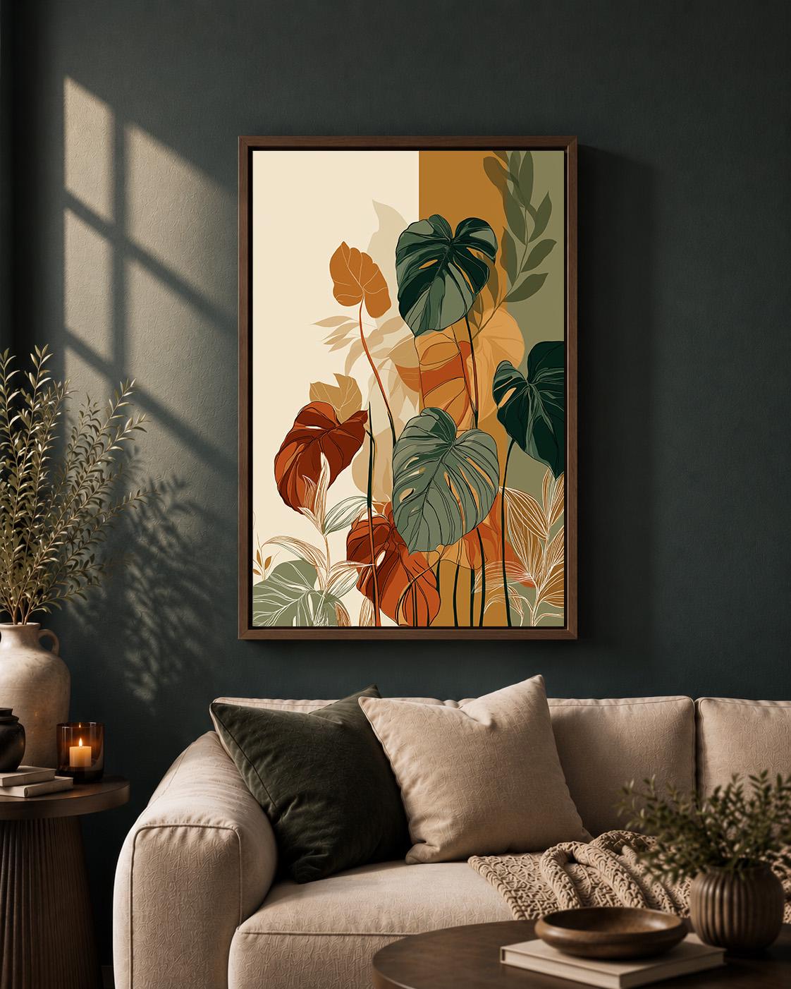 Tropical Monstera Botanical Retro Green & Orange Mid Century Plant Framed Canvas