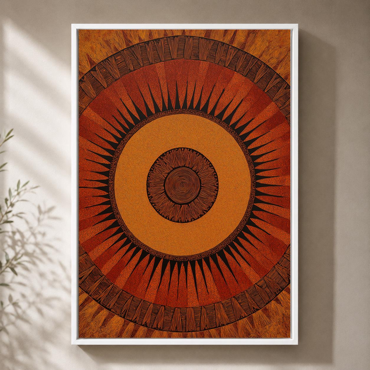 African Sun Geometric Terracotta Tribal Boho Ethnic Framed Canvas