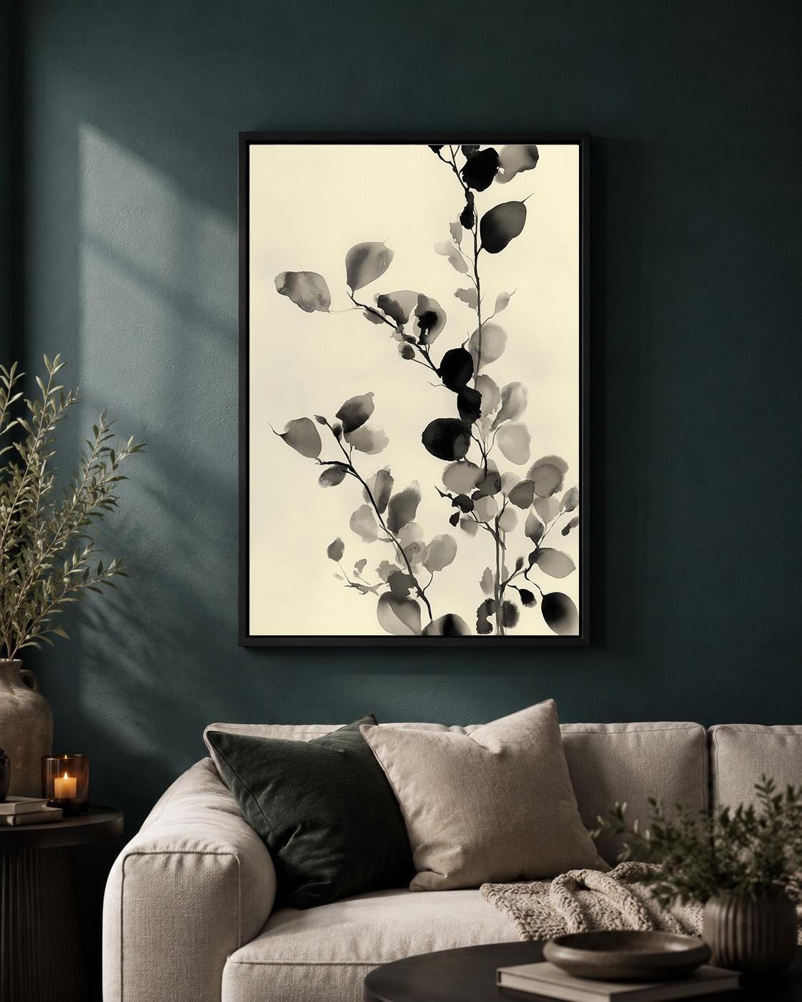 Black and White Botanical Watercolour Leaf Minimalist Nature Framed Canvas
