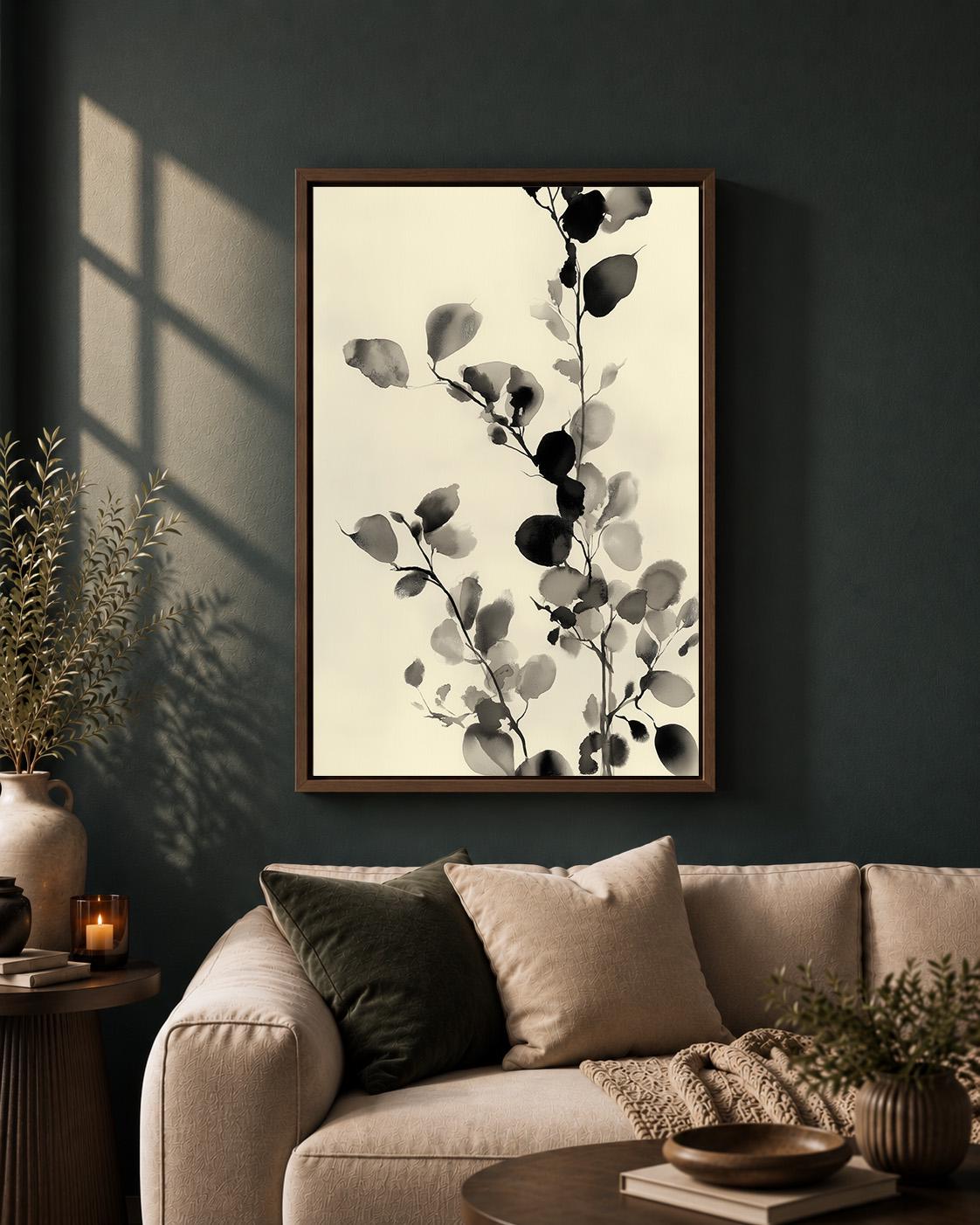 Black and White Botanical Watercolour Leaf Minimalist Nature Framed Canvas