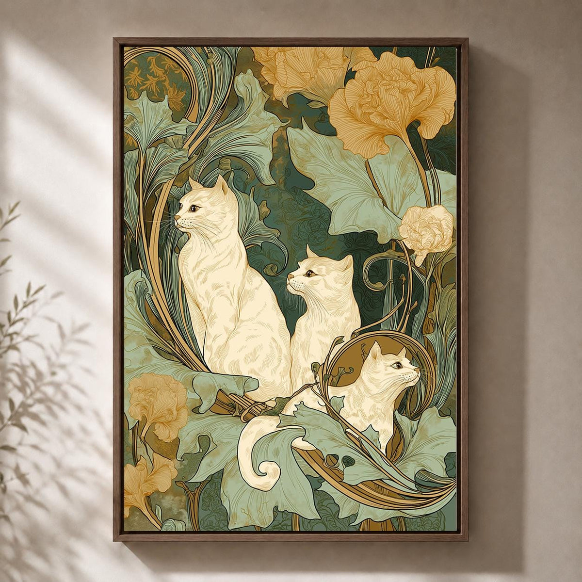 Art Nouveau Botanical Cat Vintage Floral Feline Green & Gold Framed Canvas