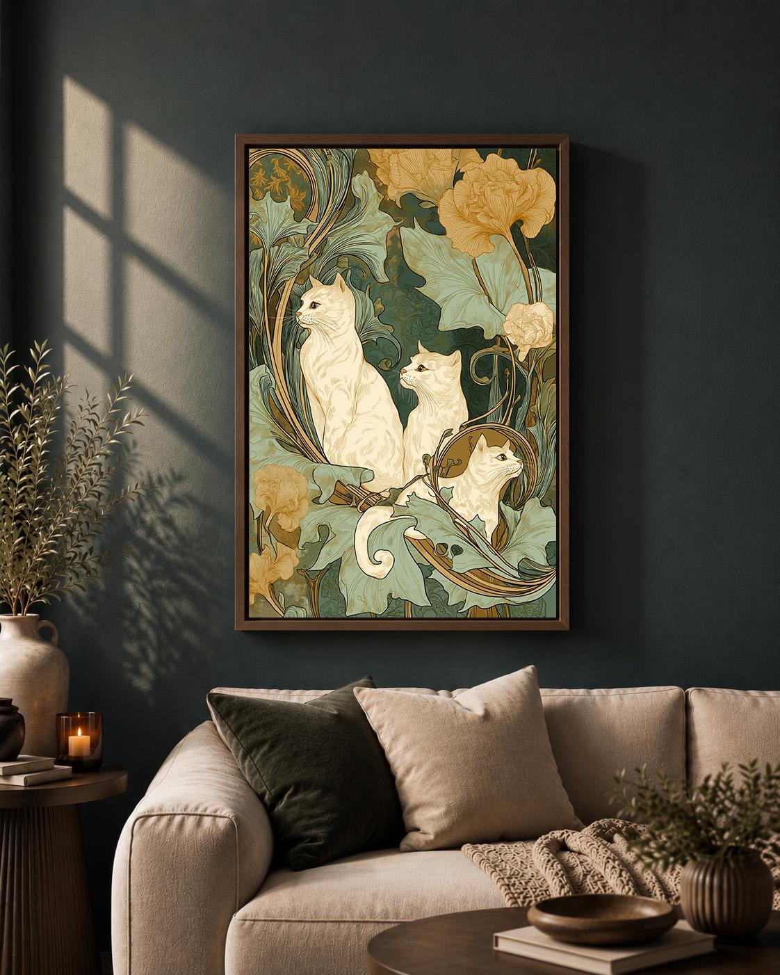 Art Nouveau Botanical Cat Vintage Floral Feline Green & Gold Framed Canvas