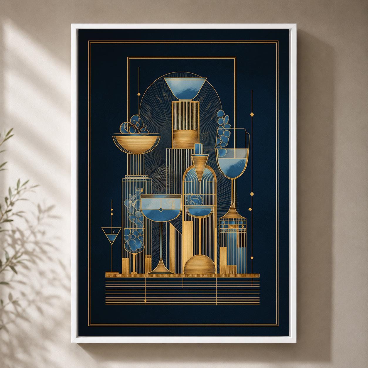 Art Deco Cocktail Navy Blue & Gold Bar Geometric Drinks Framed Canvas