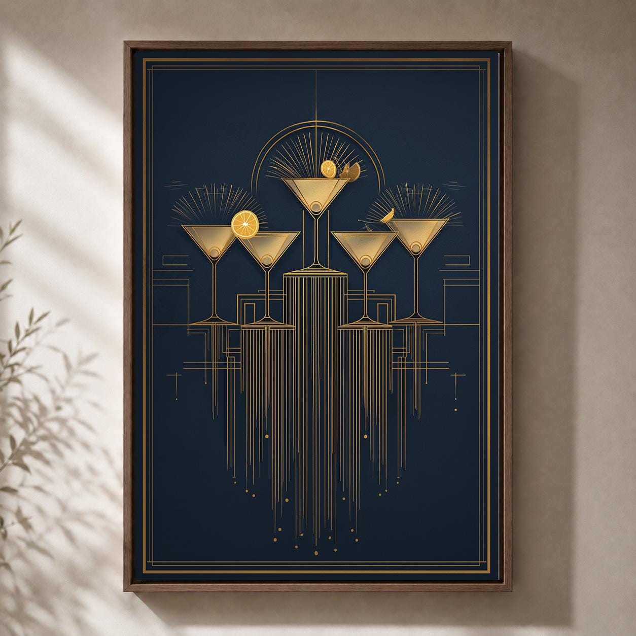 Art Deco Cocktail Navy Blue & Gold Martini Gatsby Style Framed Canvas
