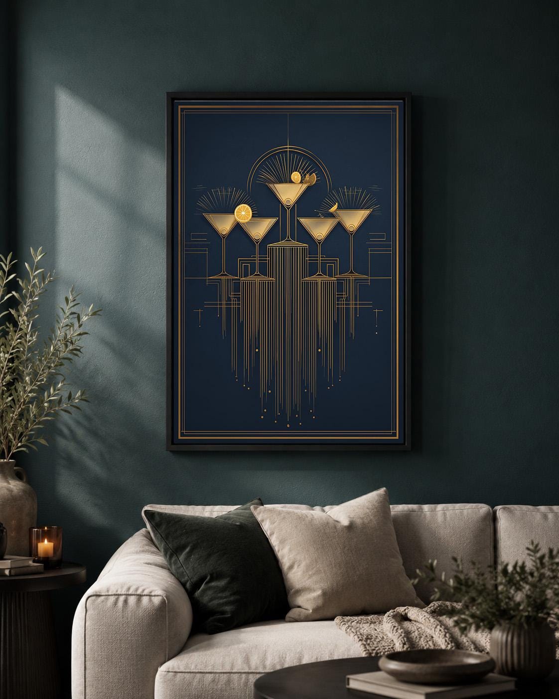 Art Deco Cocktail Navy Blue & Gold Martini Gatsby Style Framed Canvas
