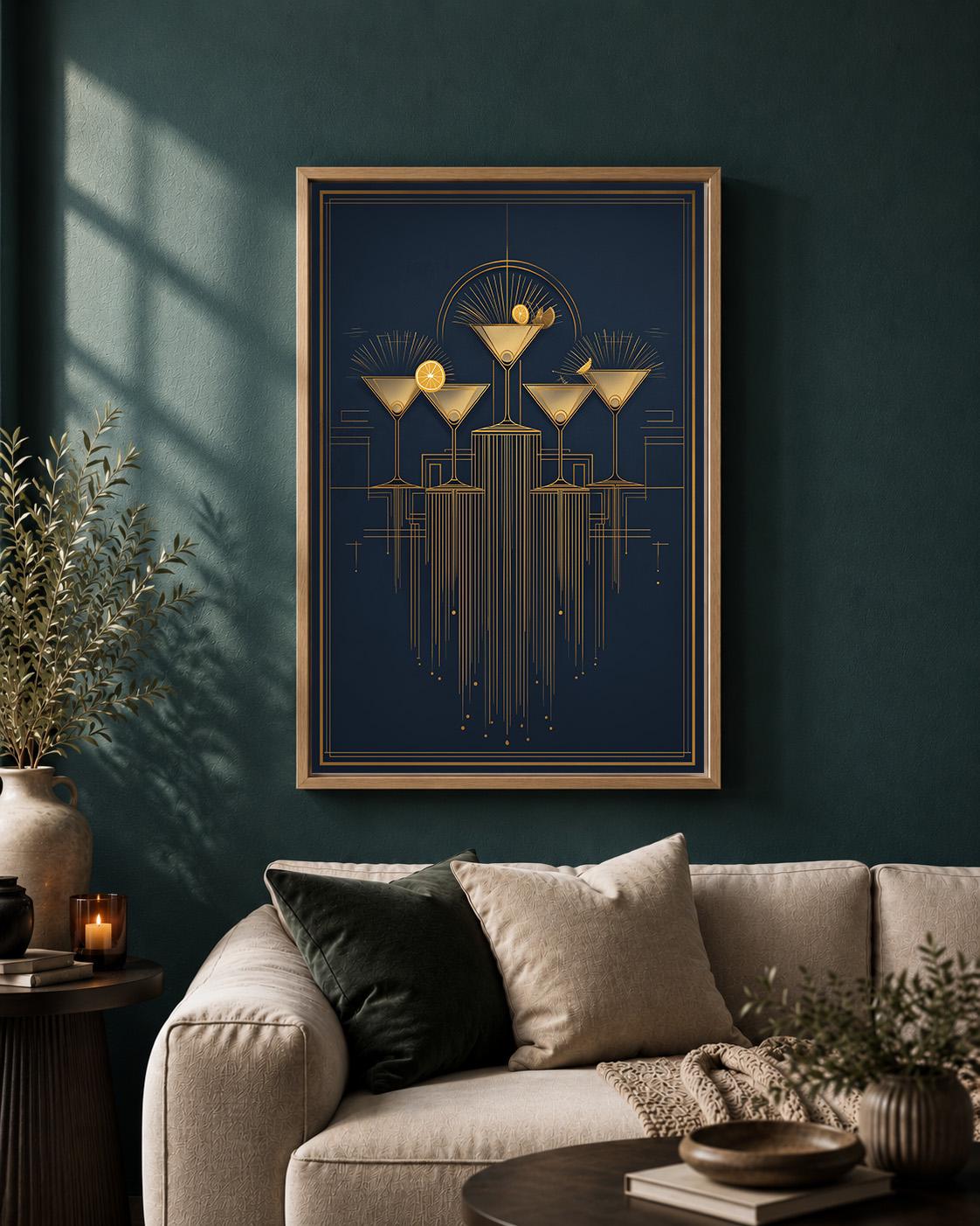Art Deco Cocktail Navy Blue & Gold Martini Gatsby Style Framed Canvas
