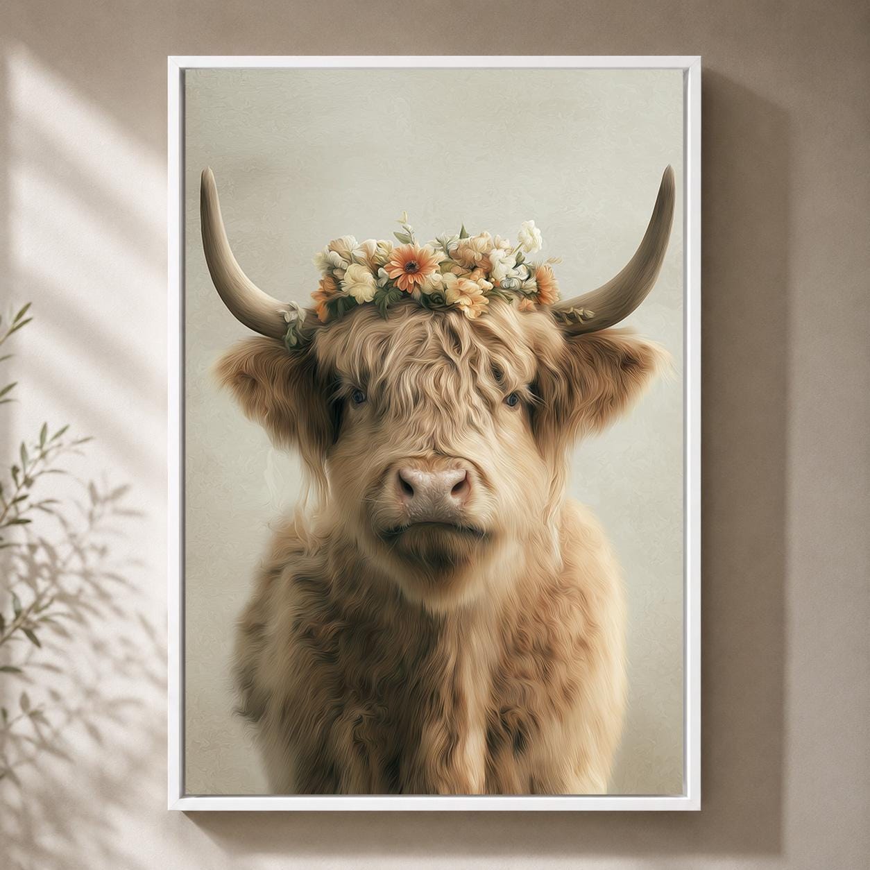 Floral Highland Cow Rustic Farmhouse Neutral Animal Framed Canvas