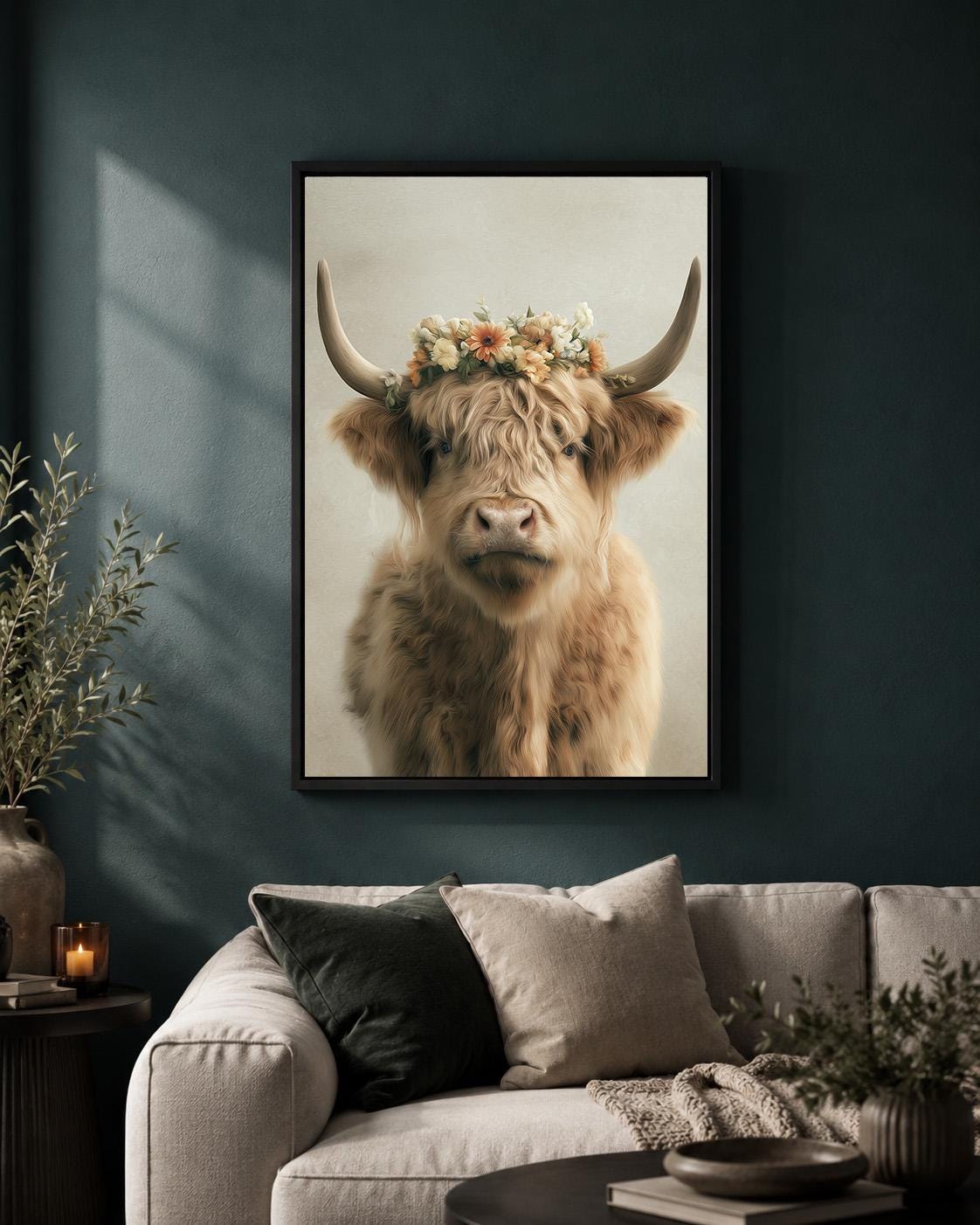 Floral Highland Cow Rustic Farmhouse Neutral Animal Framed Canvas