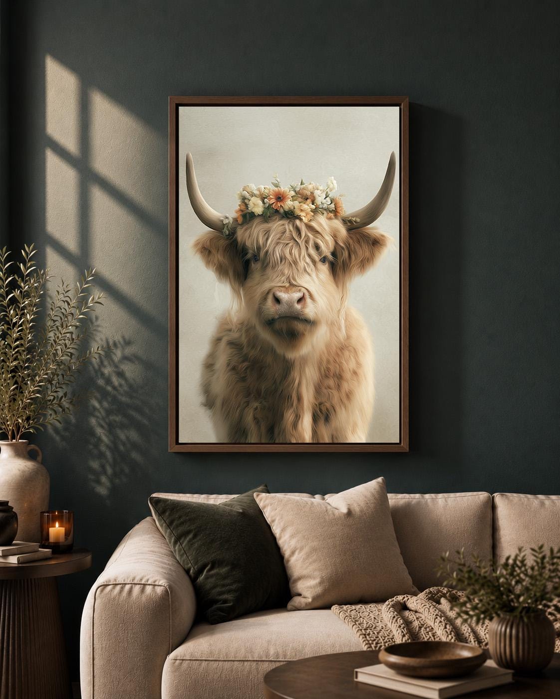 Floral Highland Cow Rustic Farmhouse Neutral Animal Framed Canvas