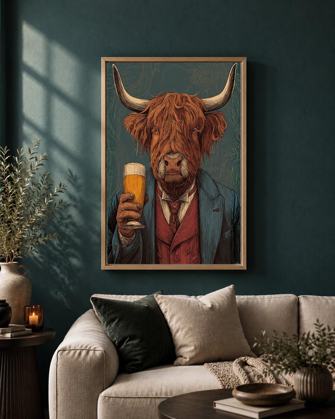 Highland Cow Drinking Beer Rustic Pub Quirky Animal Framed Canvas