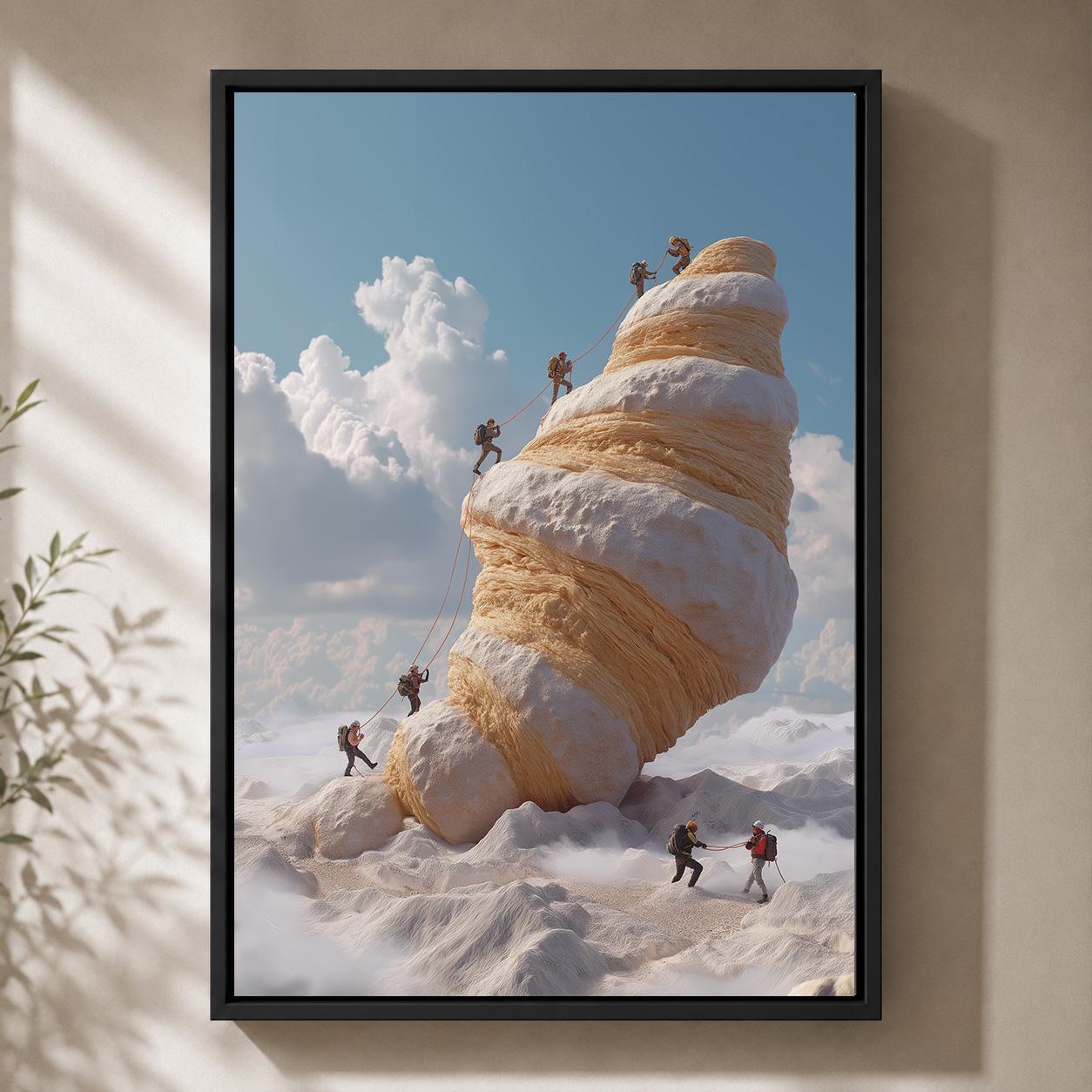 Croissant Mountain Surreal Food Funny Climbing Quirky Kitchen Framed Canvas