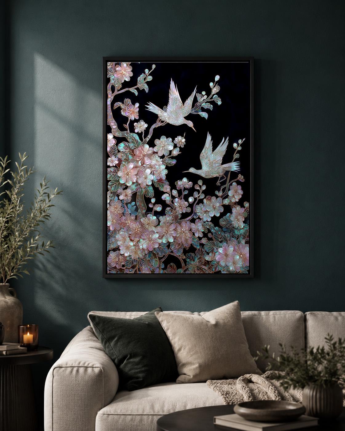 Japanese Crane Blossom Bird Iridescent Floral Oriental Inspired Framed Canvas
