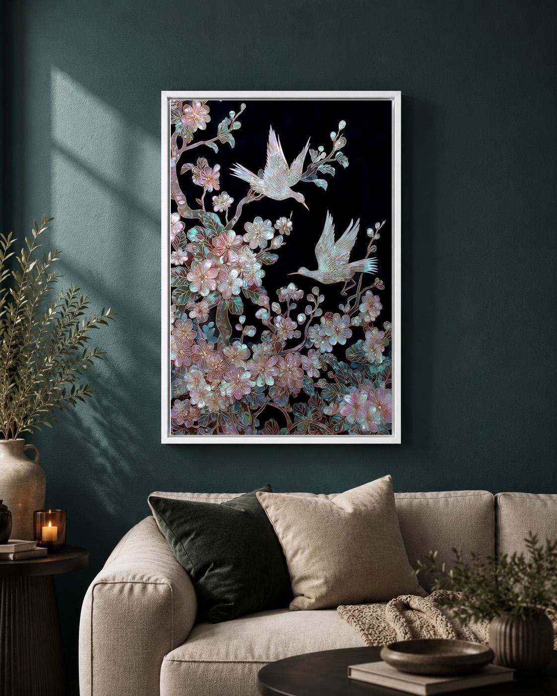 Japanese Crane Blossom Bird Iridescent Floral Oriental Inspired Framed Canvas