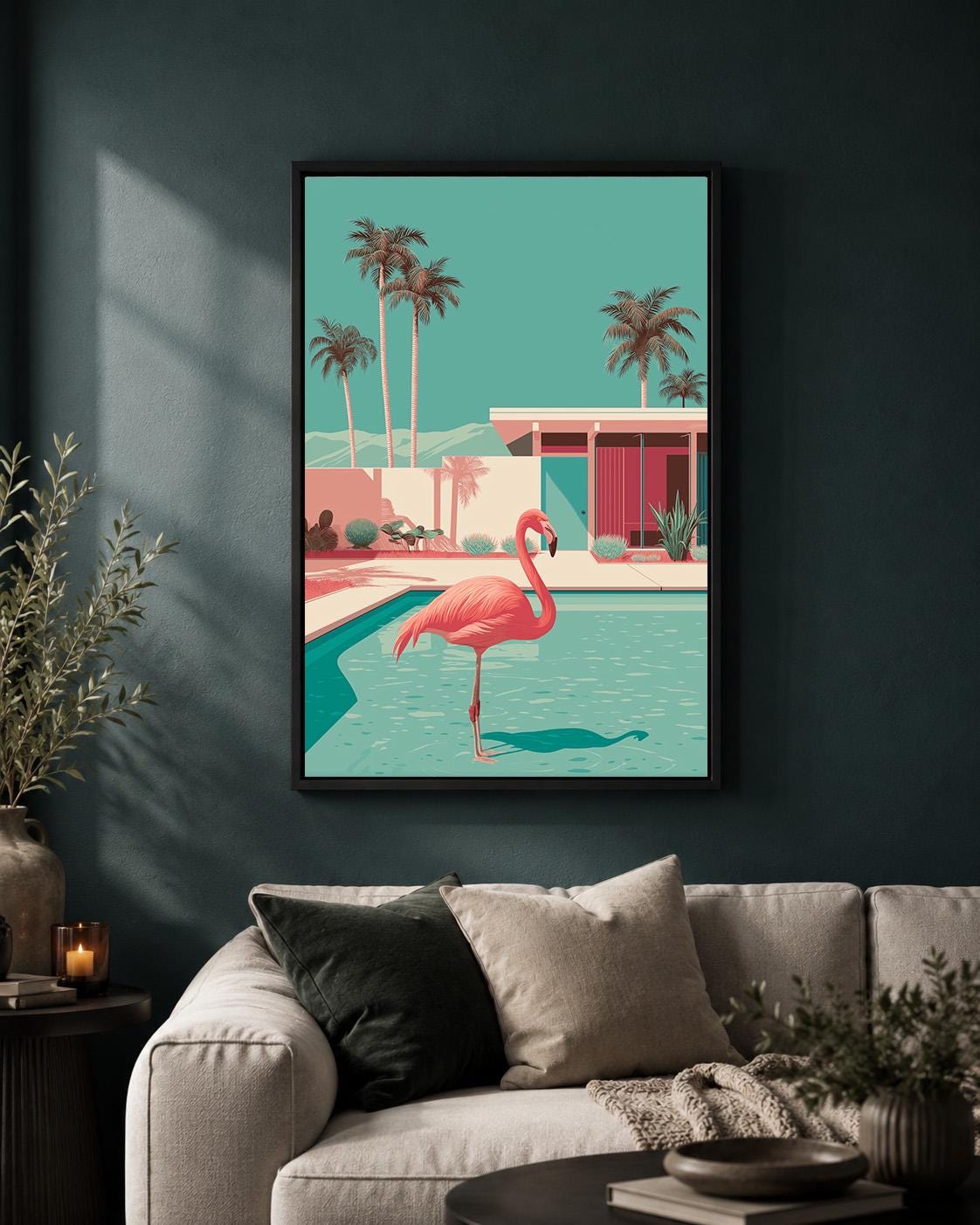 Mid Century Modern Flamingo Pool Retro Tropical Wall Framed Canvas