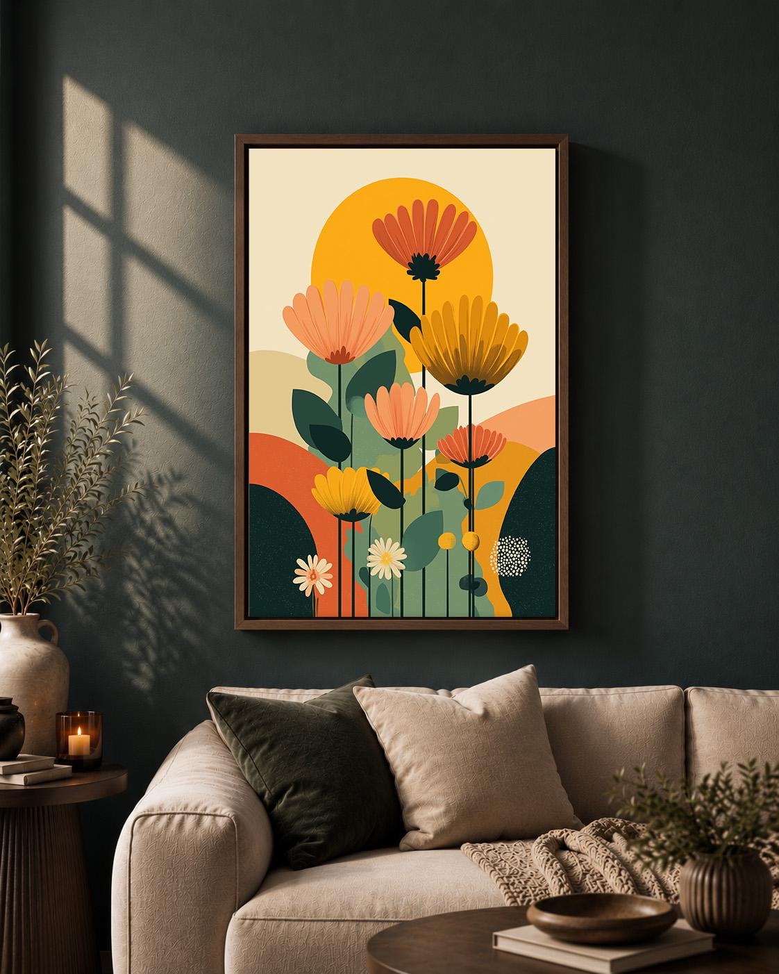 Mid Century Modern Floral Retro Scandinavian Flower Framed Canvas