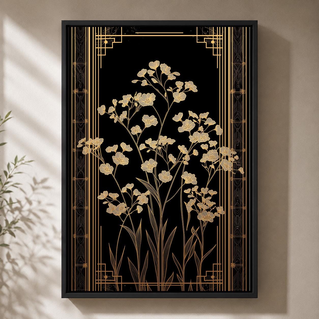 Art Deco Wildflower Black and Gold Floral Elegant Botanical Framed Canvas