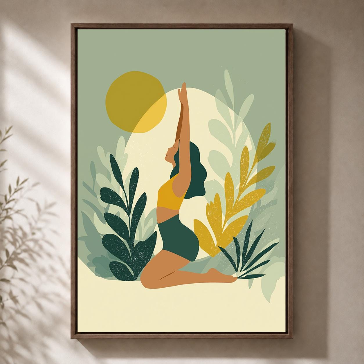 Botanical Yoga Woman Green & Mustard Meditation Framed Canvas