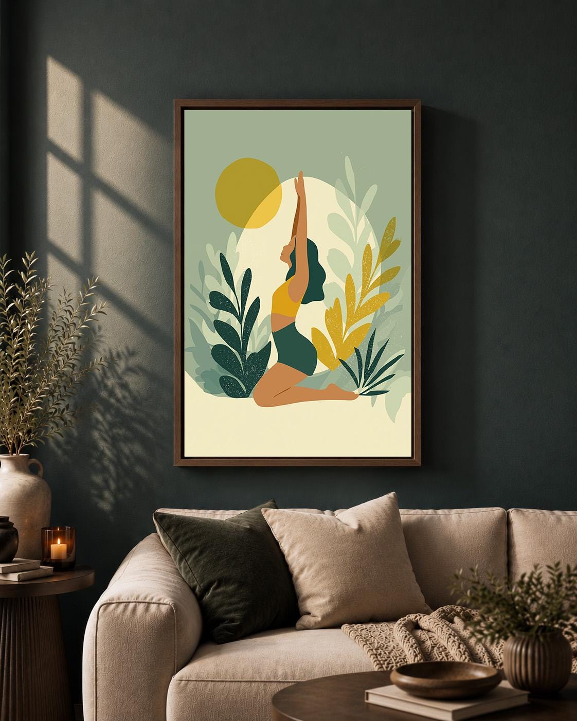 Botanical Yoga Woman Green & Mustard Meditation Framed Canvas