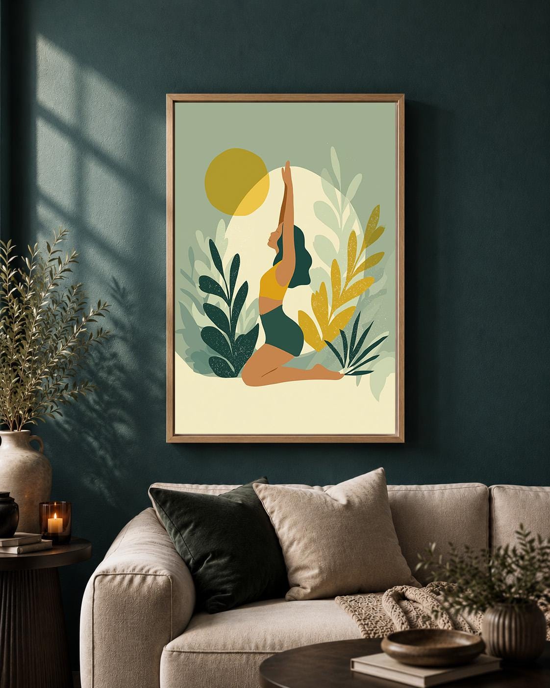 Botanical Yoga Woman Green & Mustard Meditation Framed Canvas