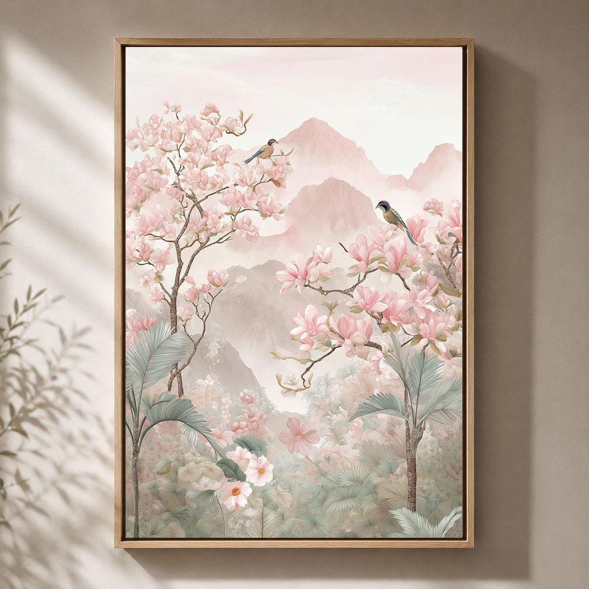 Chinoiserie Landscape Pink Magnolia Bird Pastel Mountain Framed Canvas
