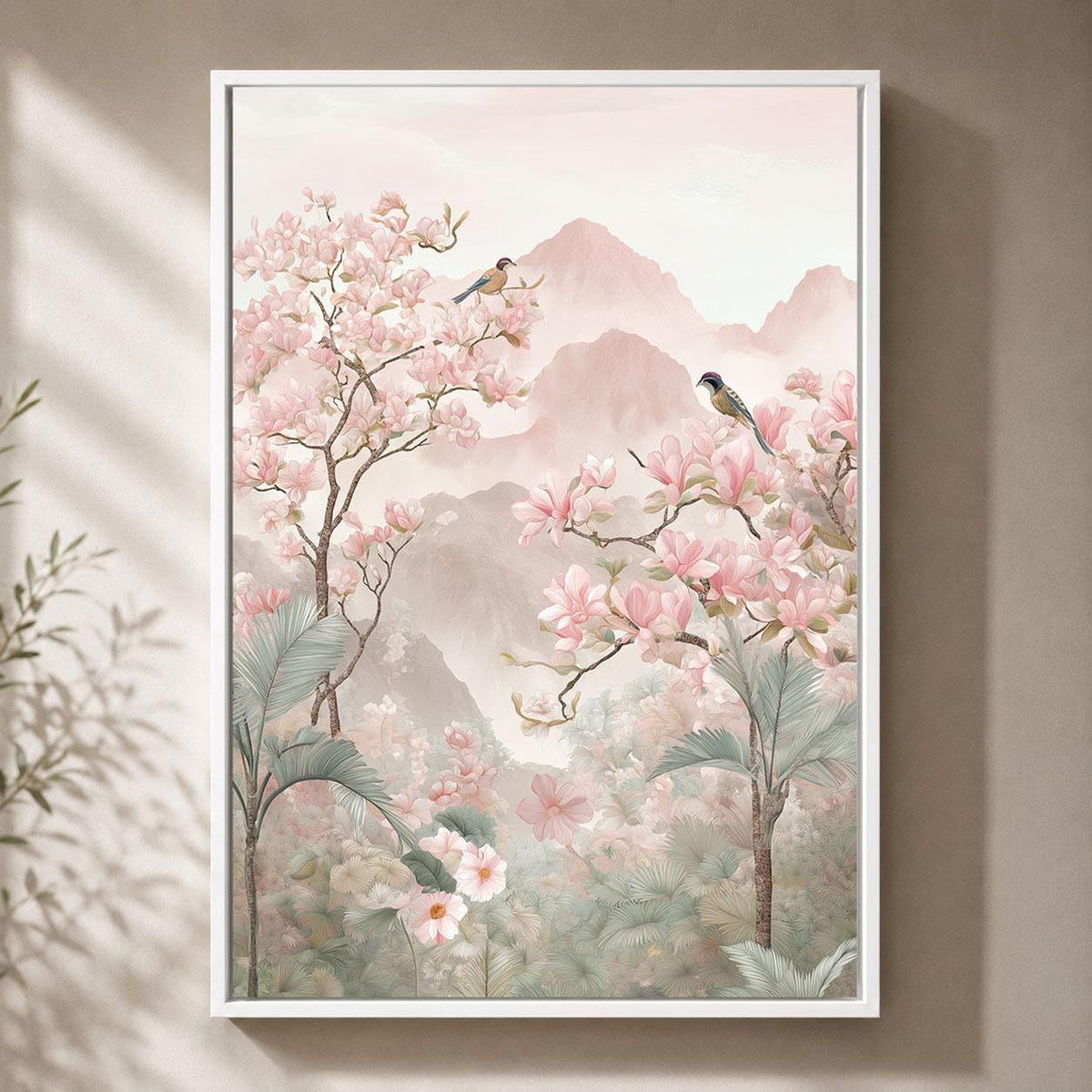 Chinoiserie Landscape Pink Magnolia Bird Pastel Mountain Framed Canvas