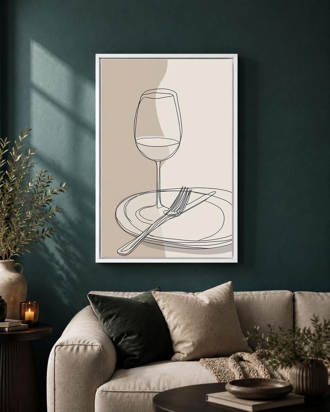 Wine Glass Minimalist Dining Room Neutral Kitchen Line Art Framed Canvas