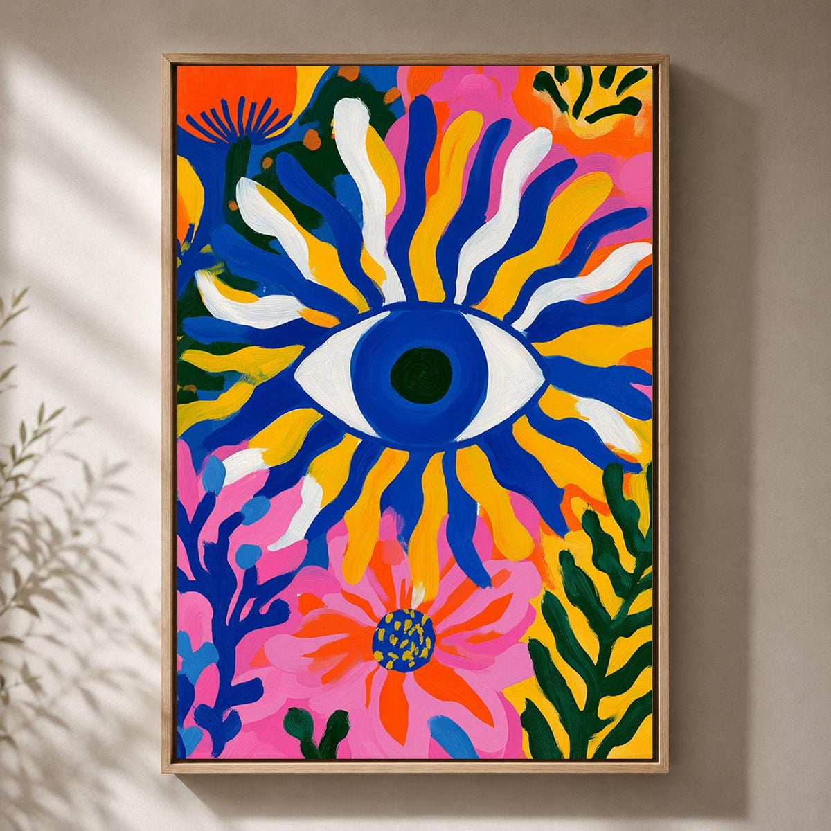 Evil Eye Colourful Maximalist Floral Abstract Protective Eye Framed Canvas