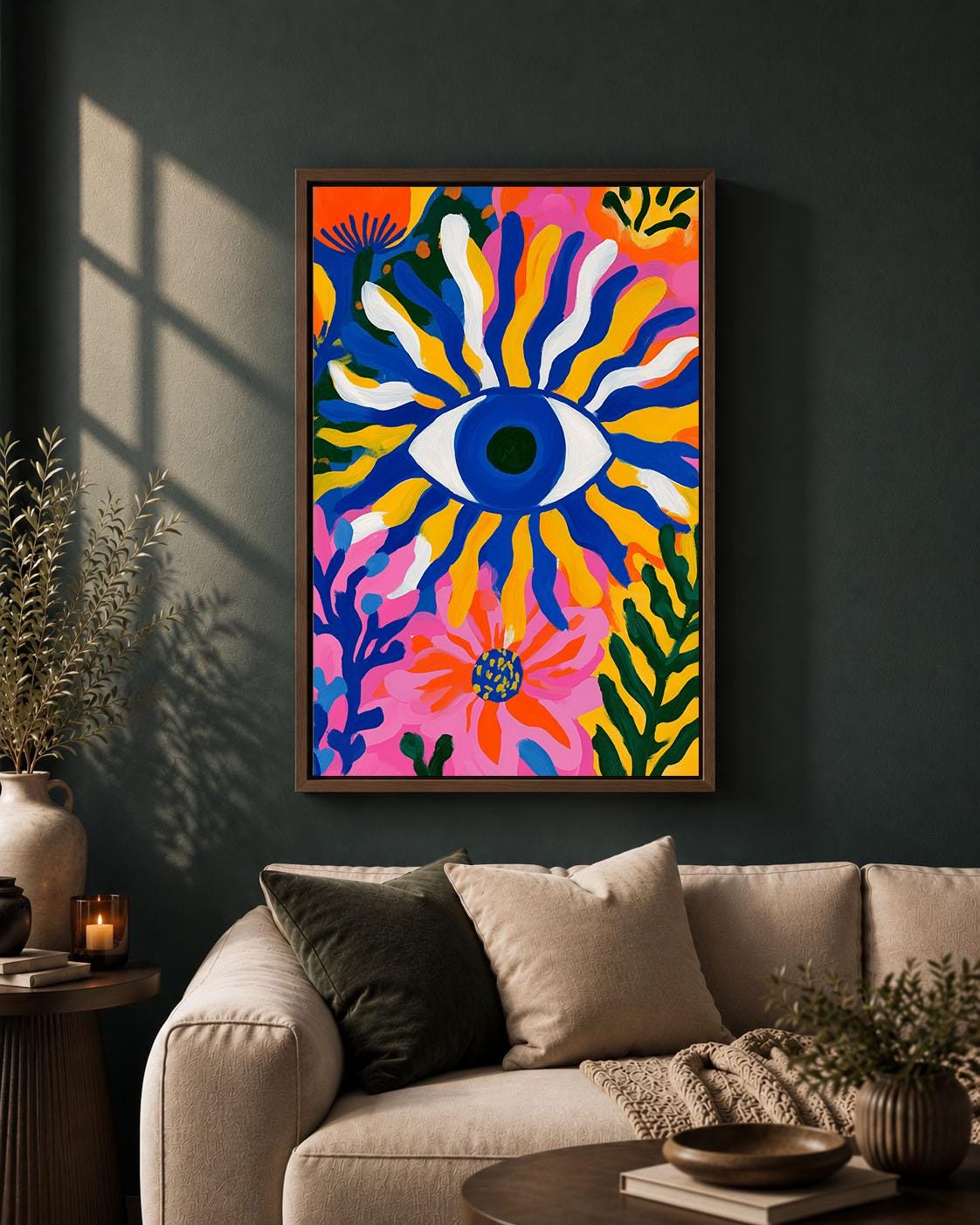 Evil Eye Colourful Maximalist Floral Abstract Protective Eye Framed Canvas