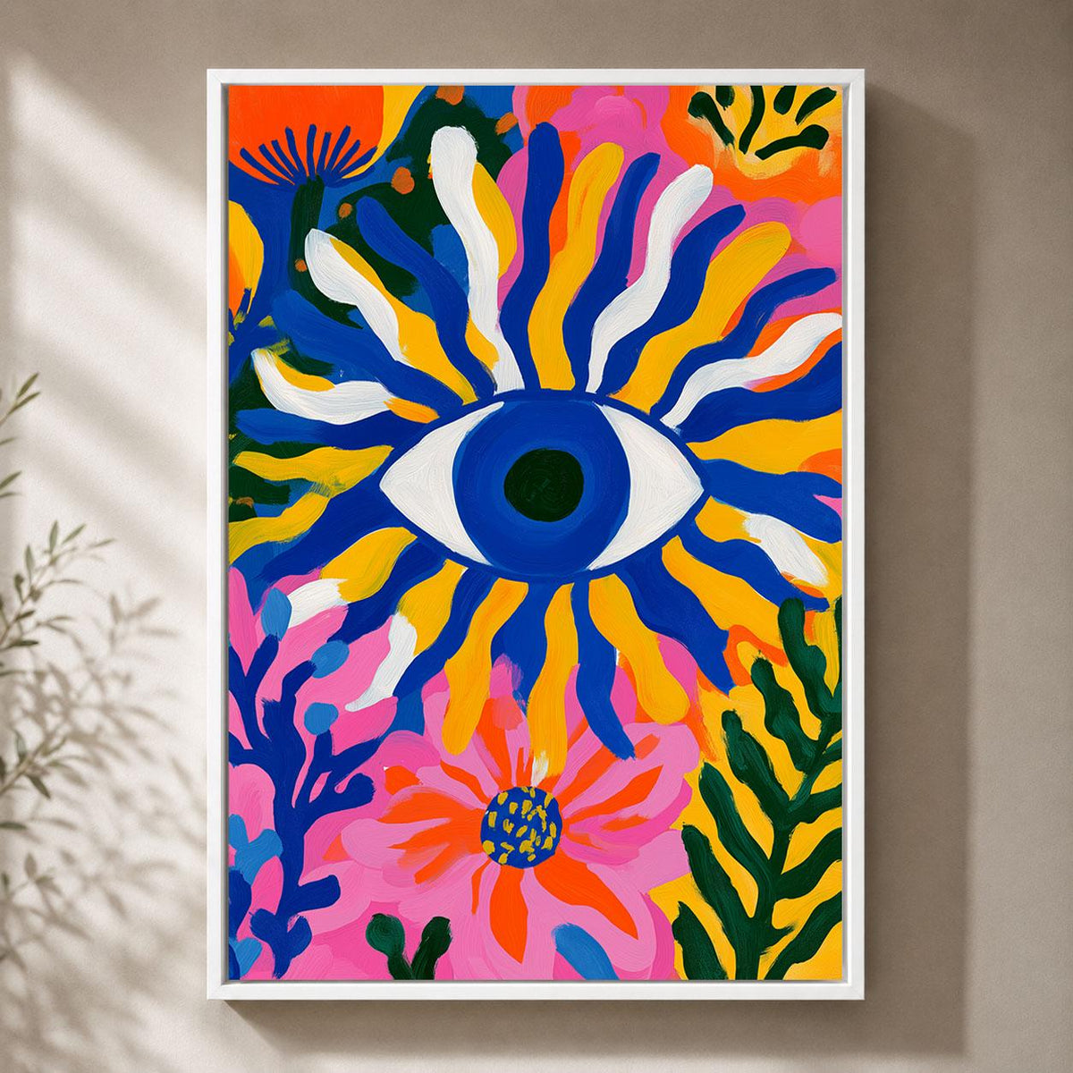 Evil Eye Colourful Maximalist Floral Abstract Protective Eye Framed Canvas
